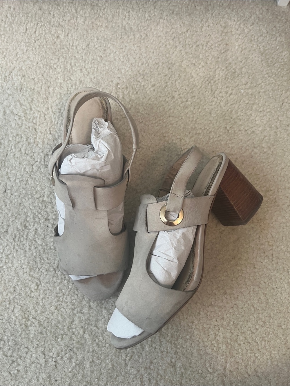 Cole Haan Taupe Open-Toe Block Heel Slingbacks with Gold Ring Accent